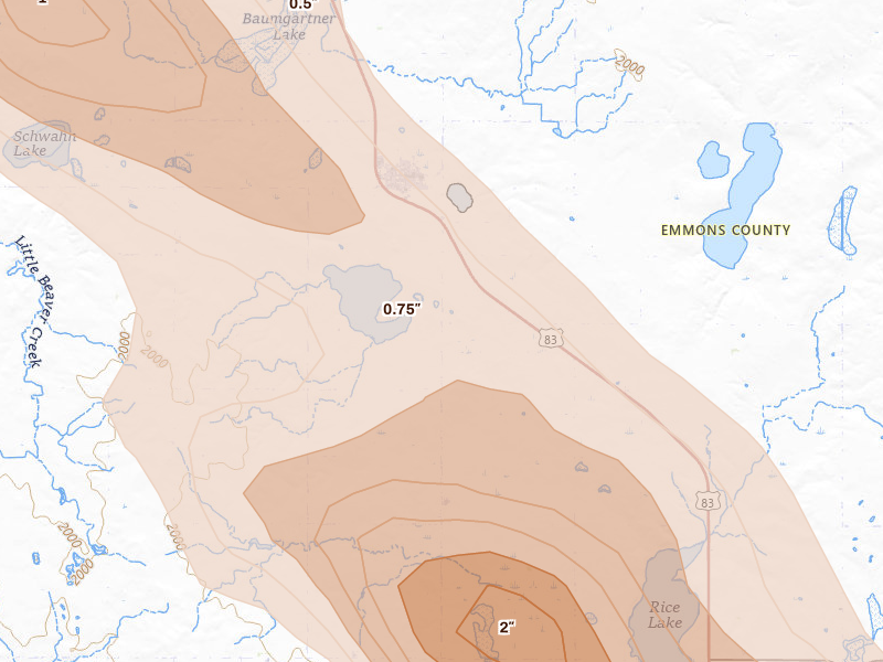 Radar-estimated hail-size map of the storm over Strasburg, ND on Aug 8, 2026