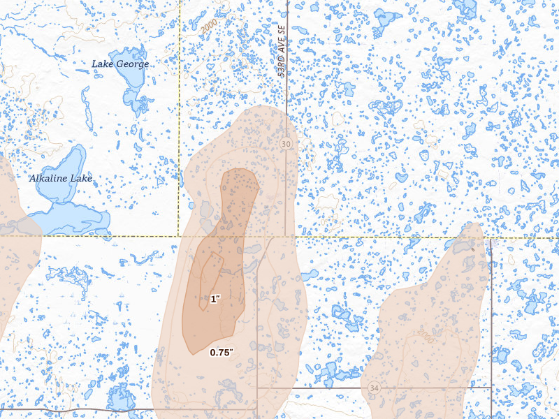 Radar-estimated hail-size map of the storm over Streeter, ND on Jun 2, 2026