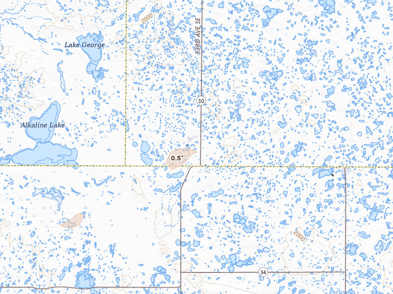 Radar-estimated hail-size map of the storm over Streeter, ND on Jun 3, 2026