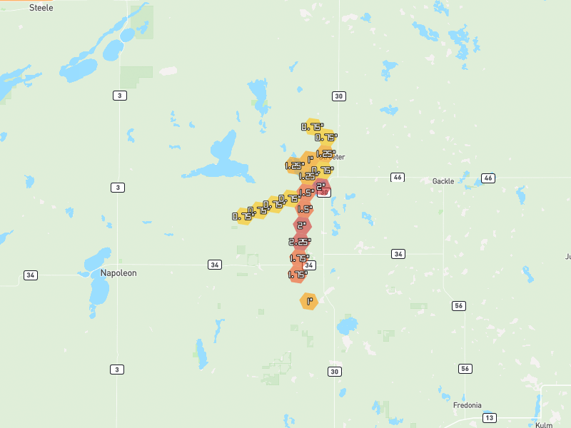 Hail map of Streeter, ND on Jun 3, 2026, hail up to 2.25"