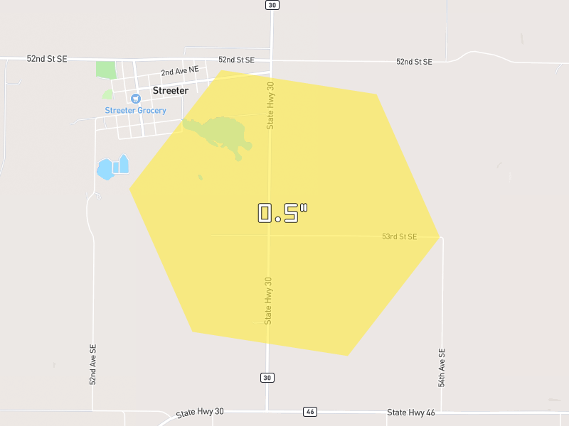 Hail map of Streeter, ND on Jun 28, 2026, hail up to 0.5"