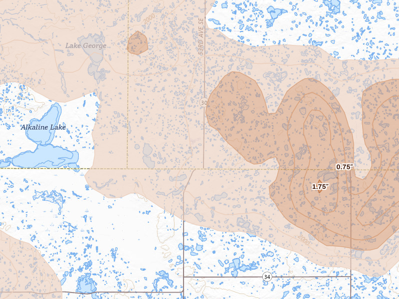 Radar-estimated hail-size map of the storm over Streeter, ND on Jul 24, 2026