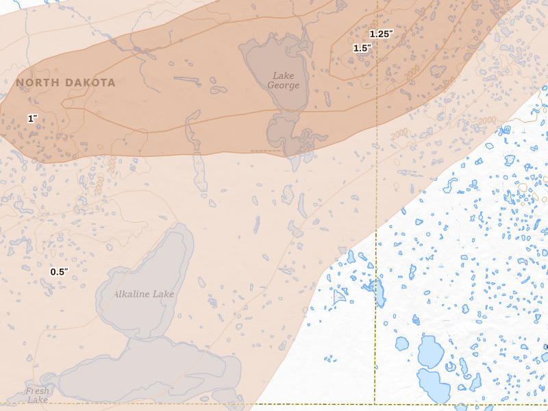 Radar-estimated hail-size map of the storm over Streeter, ND on Aug 11, 2026