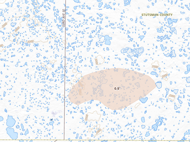 Radar-estimated hail-size map of the storm over Streeter, ND on Aug 12, 2026
