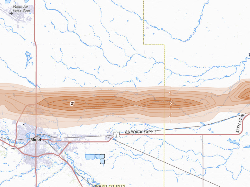 Radar-estimated hail-size map of the storm over Surrey, ND