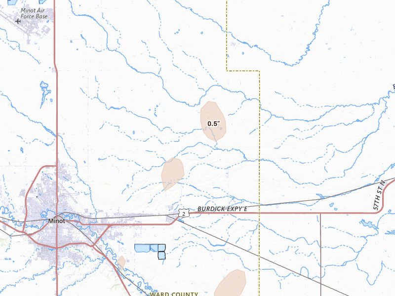 Radar-estimated hail-size map of the storm over Surrey, ND on Jun 2, 2026