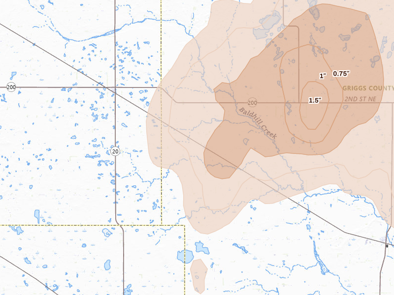 Radar-estimated hail-size map of the storm over Sutton, ND on Sep 3, 2026
