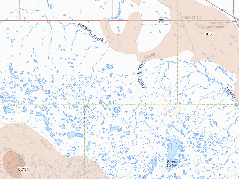 Radar-estimated hail-size map of the storm over Sykeston, ND on Jul 9, 2026