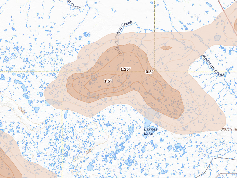Radar-estimated hail-size map of the storm over Sykeston, ND on Aug 24, 2026