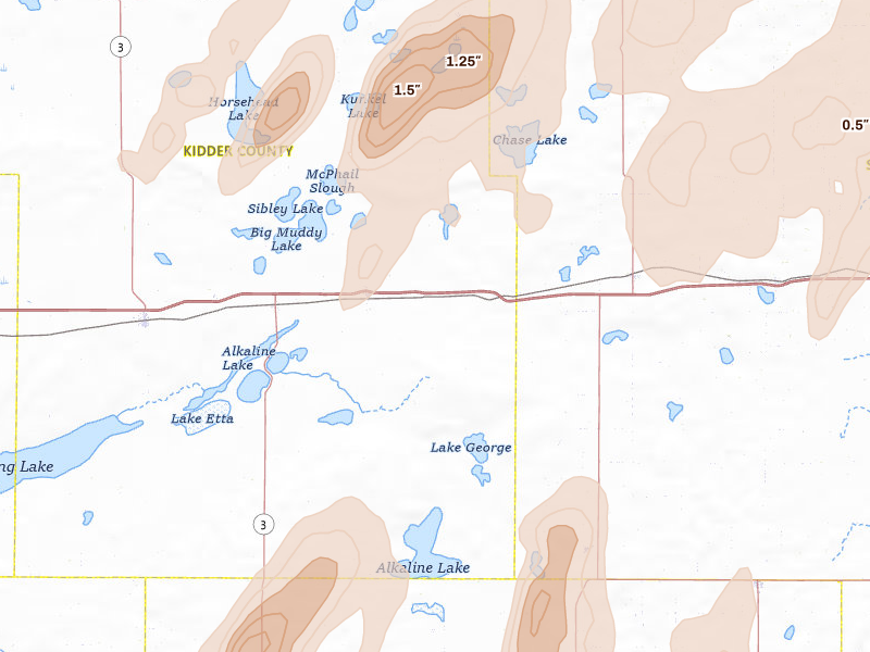 Radar-estimated hail-size map of the storm over Tappen, ND on Jun 2, 2026