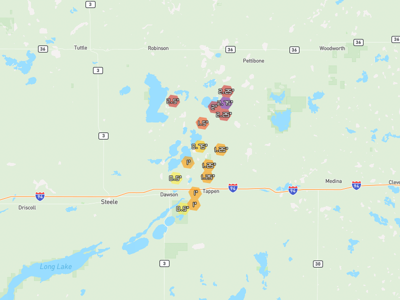 Hail map of Tappen, ND on Jun 2, 2026, hail up to 2.75"