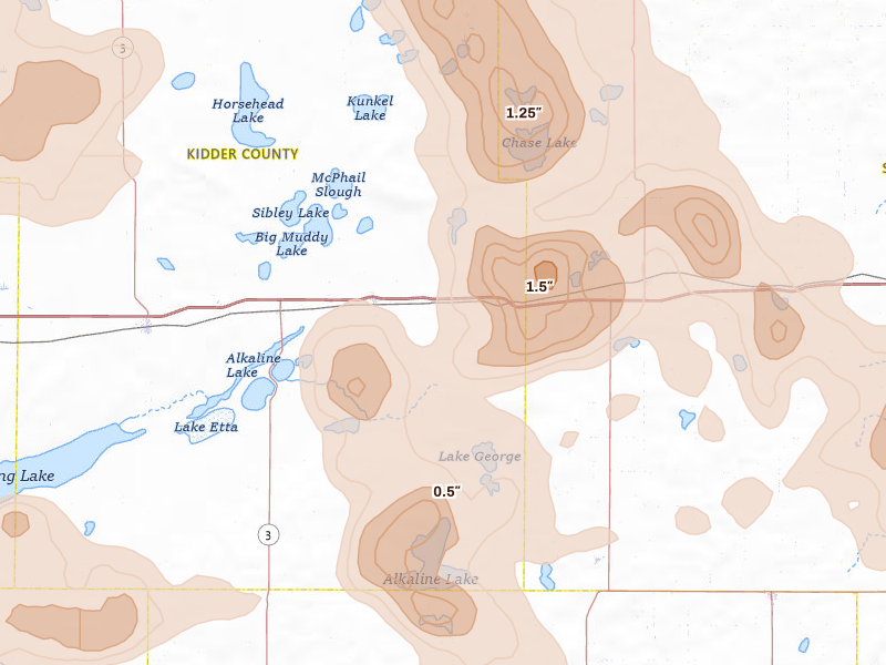 Radar-estimated hail-size map of the storm over Tappen, ND on Jul 9, 2026