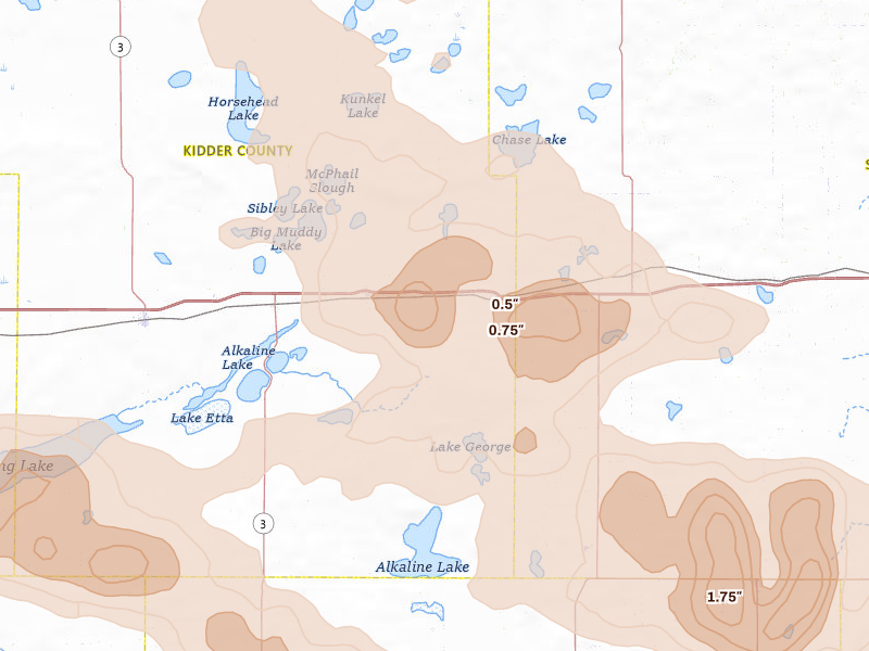 Radar-estimated hail-size map of the storm over Tappen, ND on Jul 24, 2026