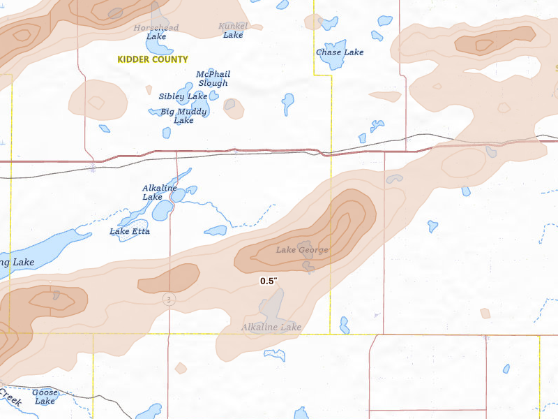 Radar-estimated hail-size map of the storm over Tappen, ND on Aug 11, 2026