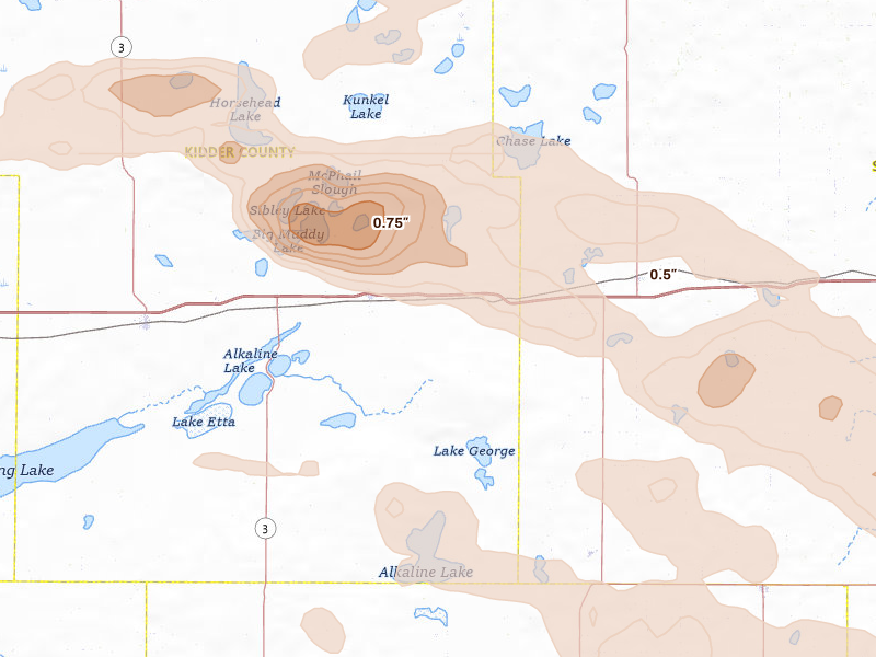 Radar-estimated hail-size map of the storm over Tappen, ND on Aug 24, 2026