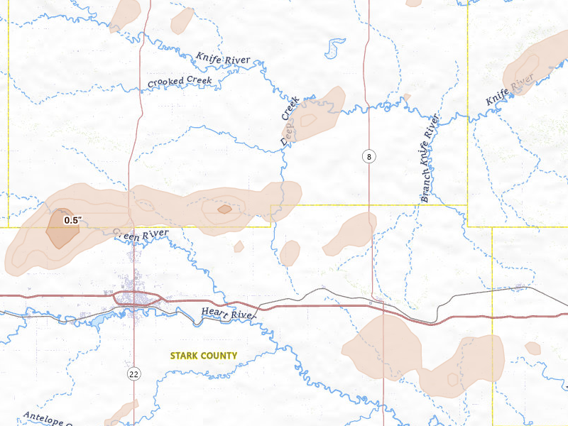 Radar-estimated hail-size map of the storm over Taylor, ND on Aug 30, 2026