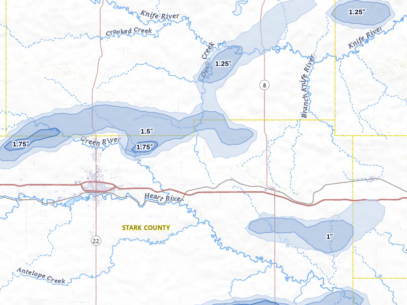 NEXRAD radar-signature map of the hail storm over Taylor, ND on Aug 30, 2026