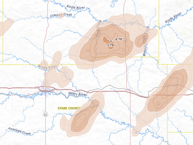 Radar-estimated hail-size map of the storm over Taylor, ND