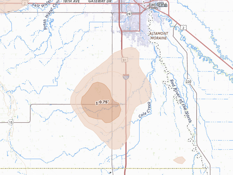 Radar-estimated hail-size map of the storm over Thompson, ND on Jul 30, 2026