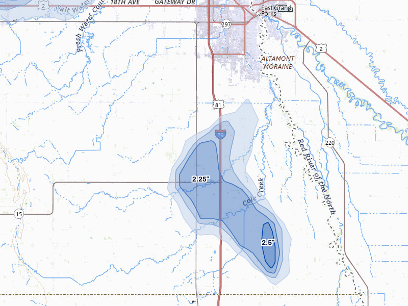NEXRAD radar-signature map of the hail storm over Thompson, ND on Jul 30, 2026