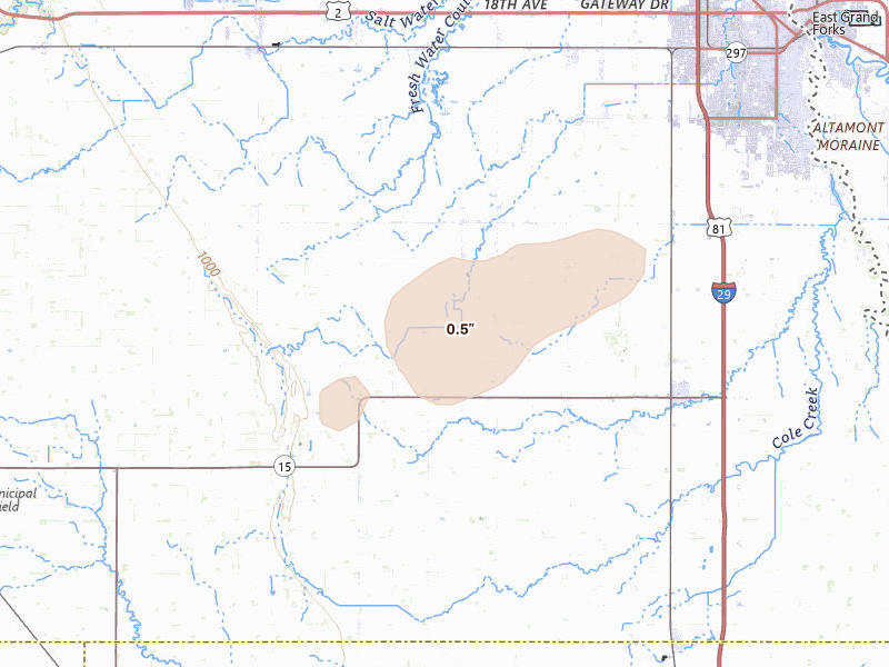 Radar-estimated hail-size map of the storm over Thompson, ND on Aug 3, 2026