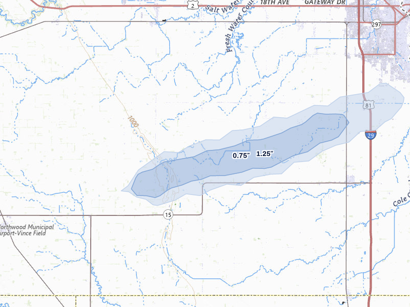NEXRAD radar-signature map of the hail storm over Thompson, ND on Aug 3, 2026