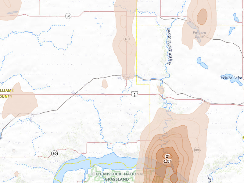 Radar-estimated hail-size map of the storm over Tioga, ND on Jun 7, 2026