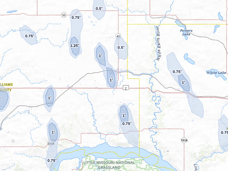 NEXRAD radar-signature map of the hail over Tioga, ND