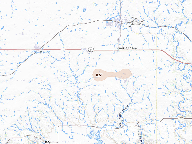Radar-estimated hail-size map of the storm over Tioga, ND on Aug 27, 2026