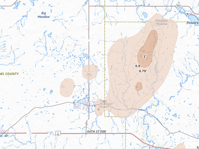 Radar-estimated hail-size map of the storm over Tioga, ND on Aug 30, 2026