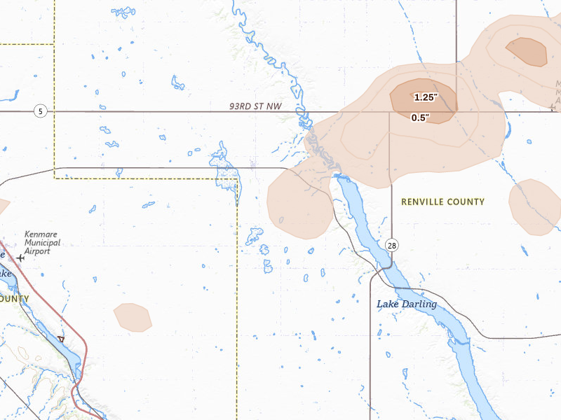 Radar-estimated hail-size map of the storm over Tolley, ND on Jul 5, 2026
