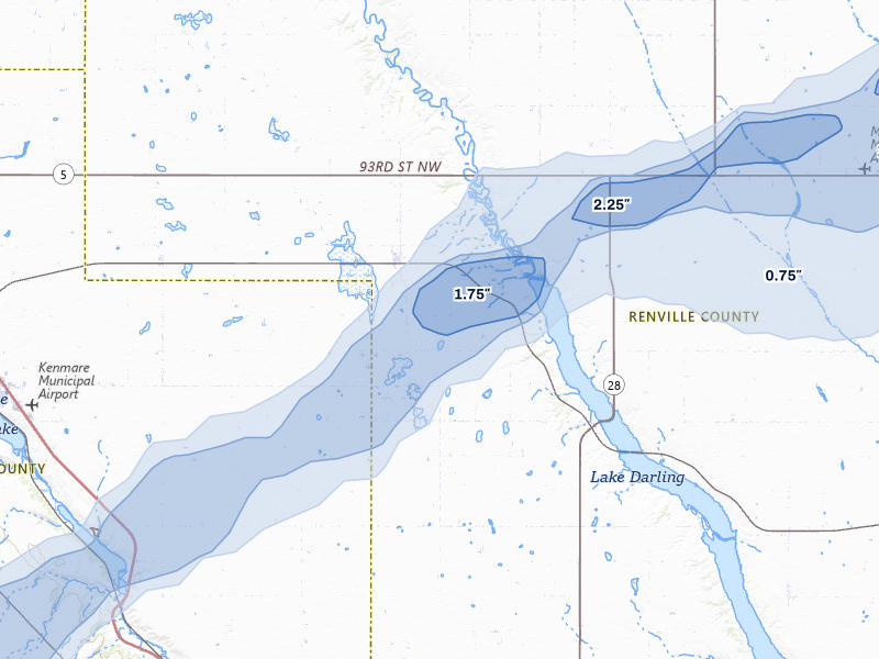 NEXRAD radar-signature map of the hail storm over Tolley, ND on Jul 5, 2026