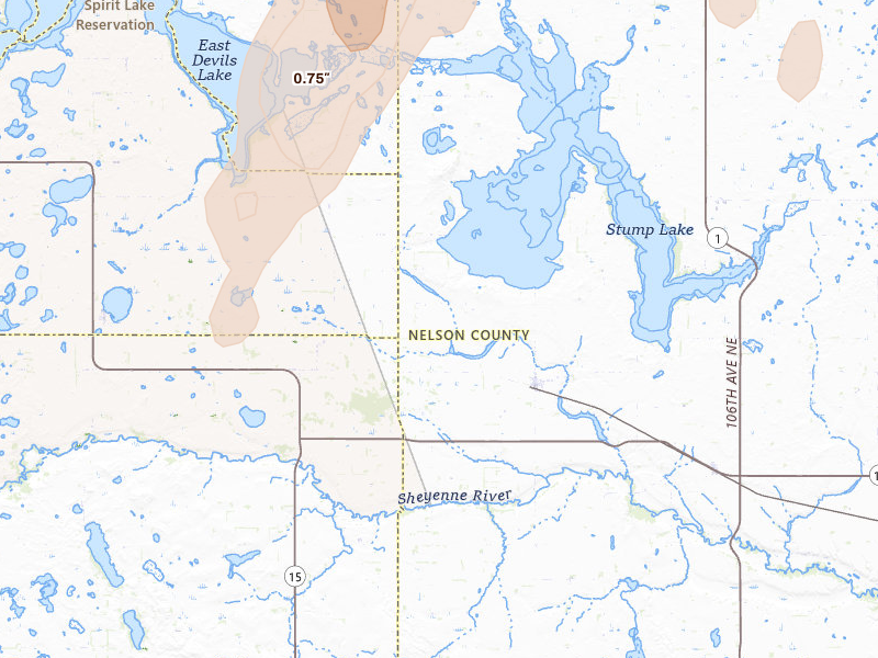 Radar-estimated hail-size map of the storm over Tolna, ND on Jun 2, 2026