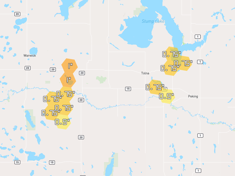 Hail map of Tolna, ND on Jun 2, 2026, hail up to 1"