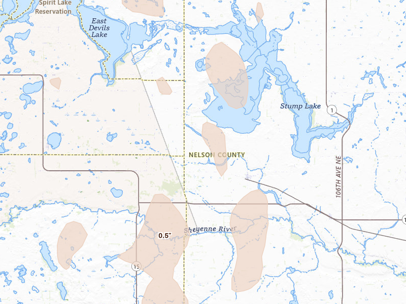 Radar-estimated hail-size map of the storm over Tolna, ND on Jun 9, 2026