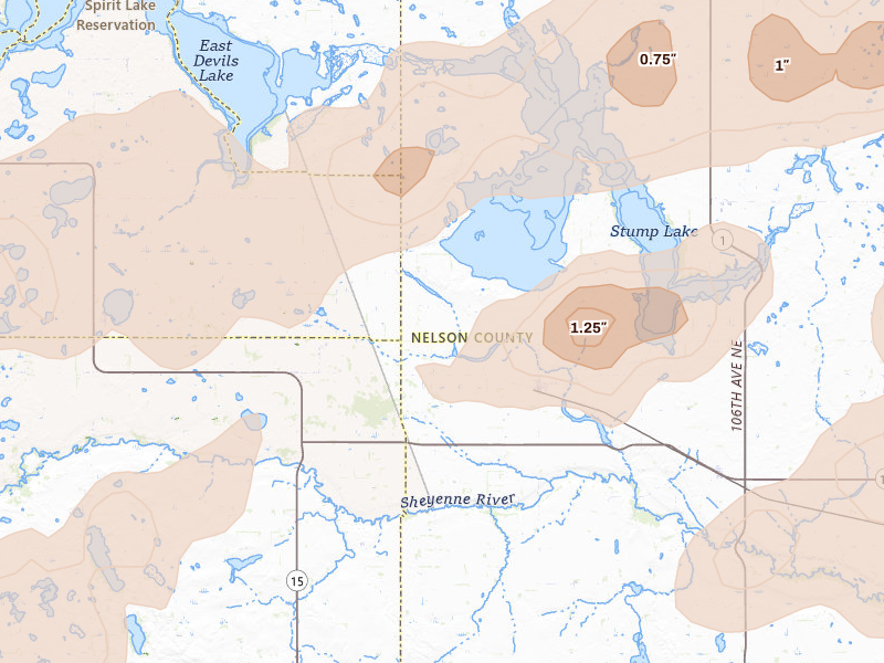 Radar-estimated hail-size map of the storm over Tolna, ND