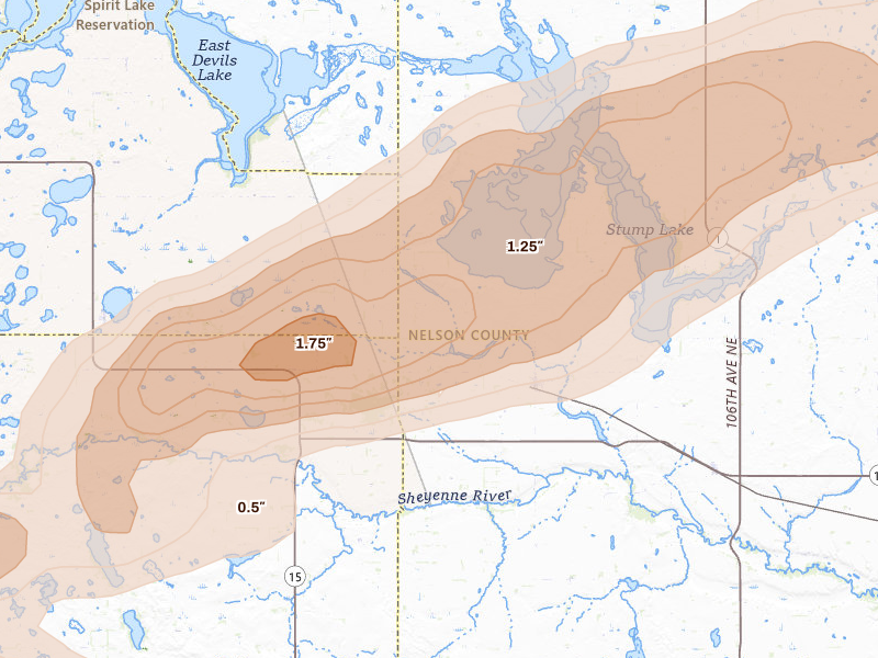 Radar-estimated hail-size map of the storm over Tolna, ND on Aug 24, 2026