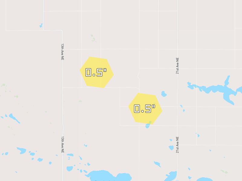 Hail map of Towner, ND on Jun 28, 2026, hail up to 0.5"