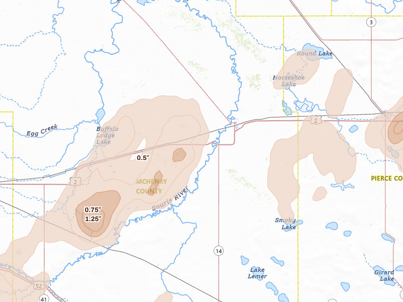 Radar-estimated hail-size map of the storm over Towner, ND on Sep 3, 2026