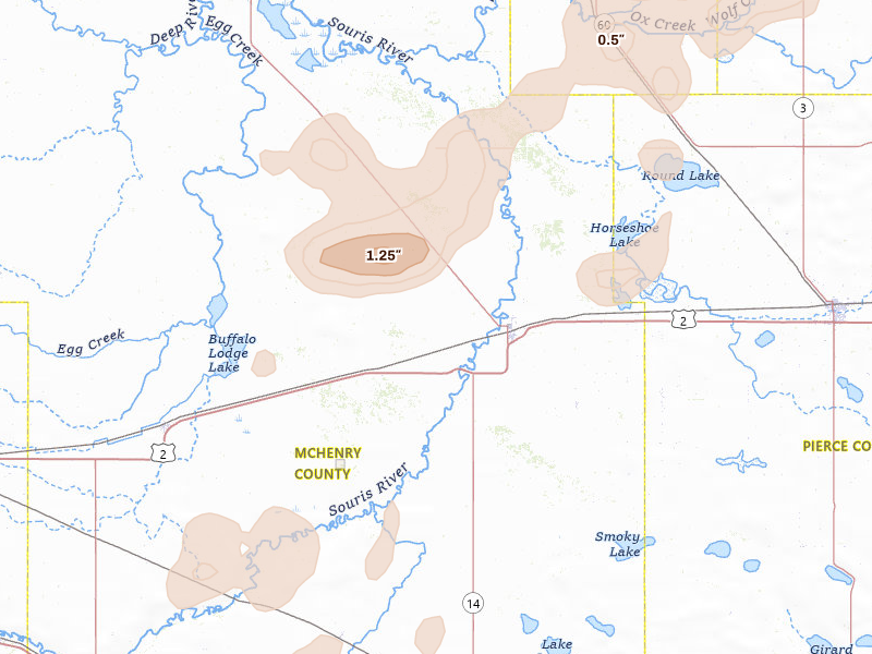 Radar-estimated hail-size map of the storm over Towner, ND on Sep 6, 2026