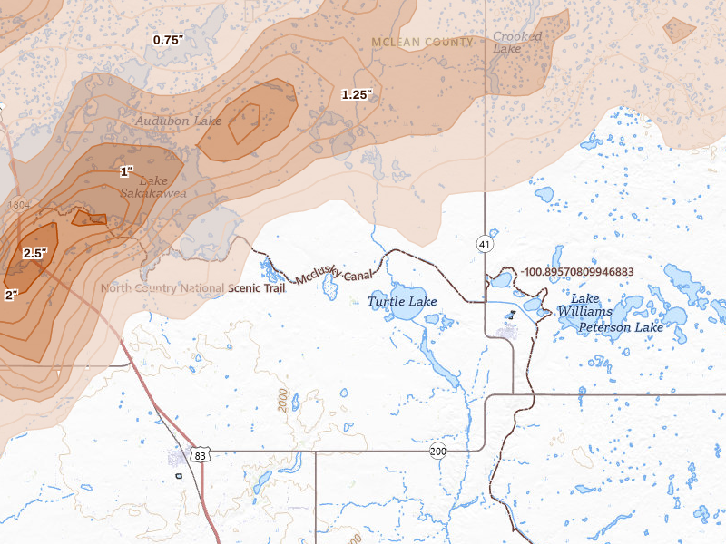 Radar-estimated hail-size map of the storm over Turtle Lake, ND on Jun 28, 2026