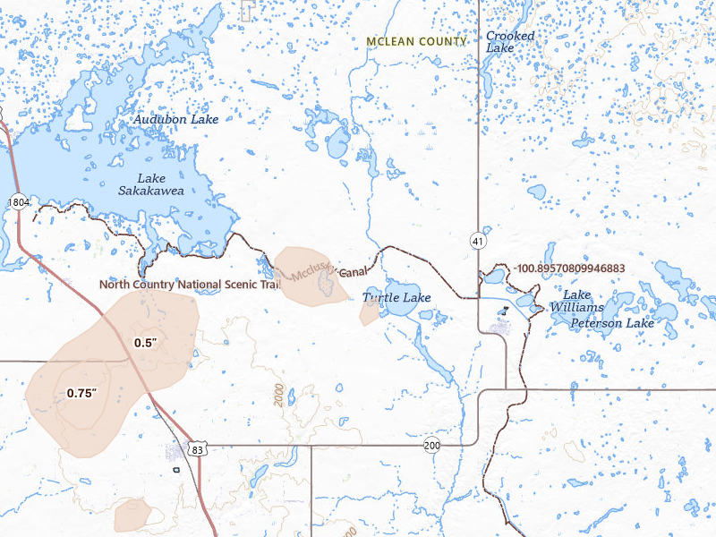 Radar-estimated hail-size map of the storm over Turtle Lake, ND on Jul 29, 2026