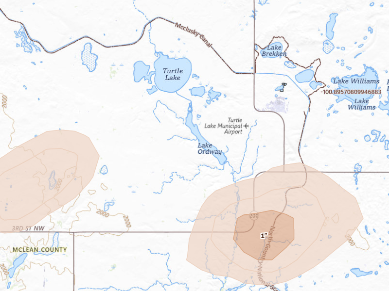 Radar-estimated hail-size map of the storm over Turtle Lake, ND