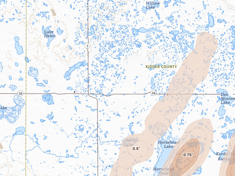 Radar-estimated hail-size map of the storm over Tuttle, ND on Jun 2, 2026