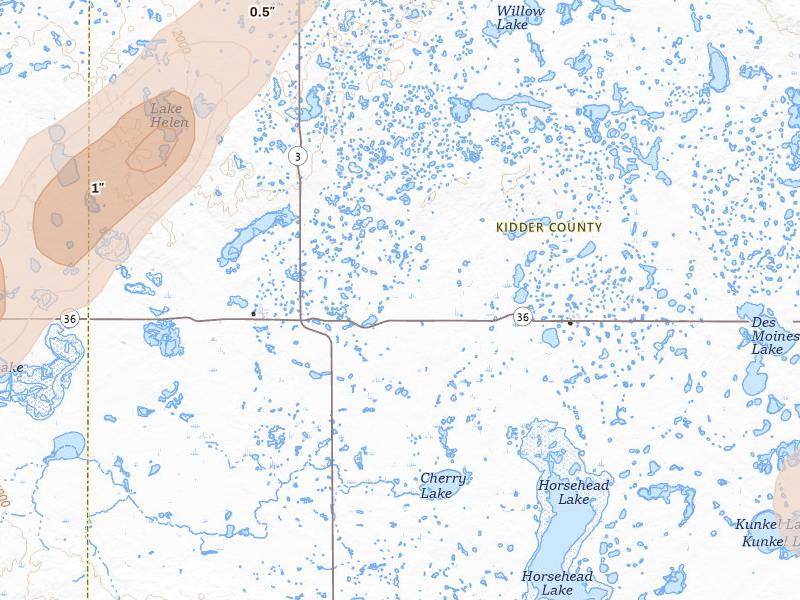 Radar-estimated hail-size map of the storm over Tuttle, ND on Jun 29, 2026