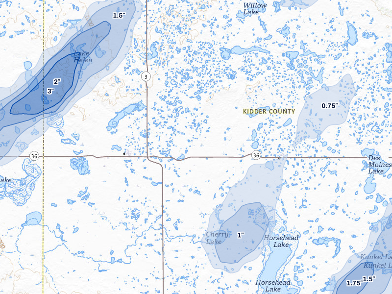 NEXRAD radar-signature map of the hail storm over Tuttle, ND on Jun 29, 2026