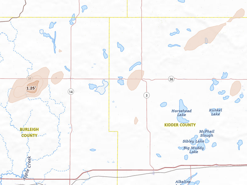 Radar-estimated hail-size map of the storm over Tuttle, ND on Jul 2, 2026