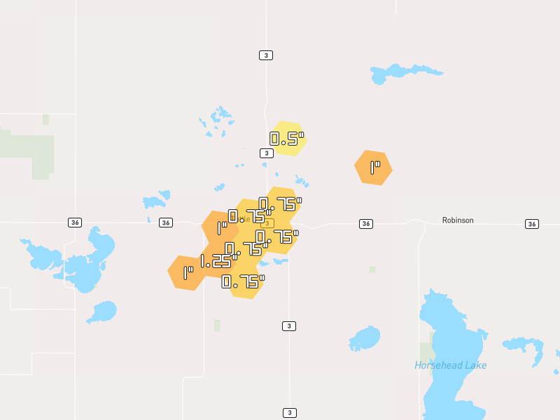 Hail map of Tuttle, ND on Jul 2, 2026, hail up to 1.25"