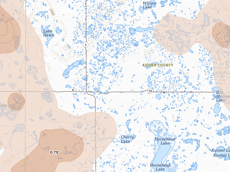 Radar-estimated hail-size map of the storm over Tuttle, ND on Jul 9, 2026