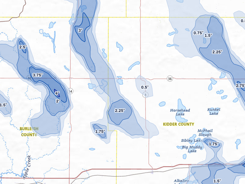 NEXRAD radar-signature map of the hail storm over Tuttle, ND on Jul 9, 2026